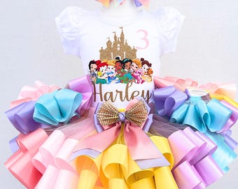 Royal Princess 3rd Birthday Outfit Girl, Colorful Ribbon Trim Tutu, Magical Kingdom  Year Old Cake Smash Set, Pastel Rainbow Custom Wear