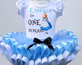 Baby Girls Alice One Derland Birthday Outfit Blue and Silver Tea Tutu Set