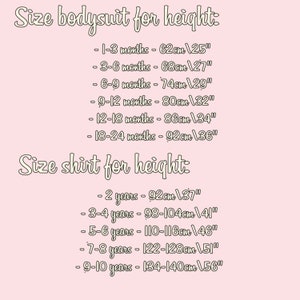May include: Size chart for baby bodysuits and shirts. The chart shows the recommended size based on height in inches and centimeters. For example, a baby who is 25 inches tall should wear a size 1-3 months bodysuit. A child who is 37 inches tall should wear a size 2 year shirt.