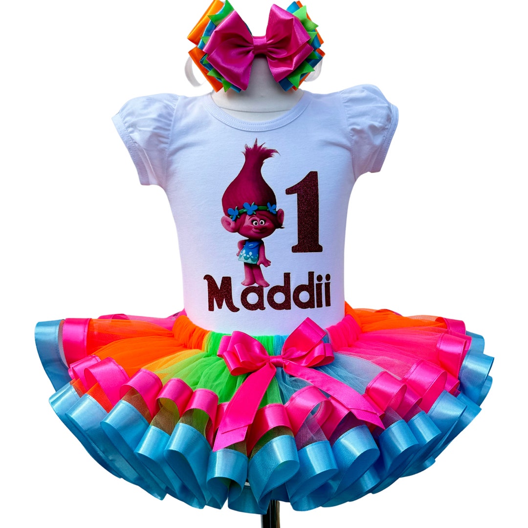 Embroidered Personalized Birthday Poppy Face Trolls Tutu Set Outfit main image 1