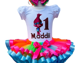 Poppy Trolls Birthday Girls Outfit: Rainbow Baby Tutu Set, Personalized Shirt