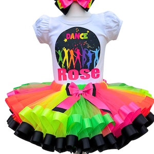 Tenue d&#39;anniversaire disco néon pour filles : ensemble de tutu de fête de danse personnalisé des années 80
