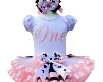 Cow Birthday Girls Outfit: Baby One First Birthday Tutu Set