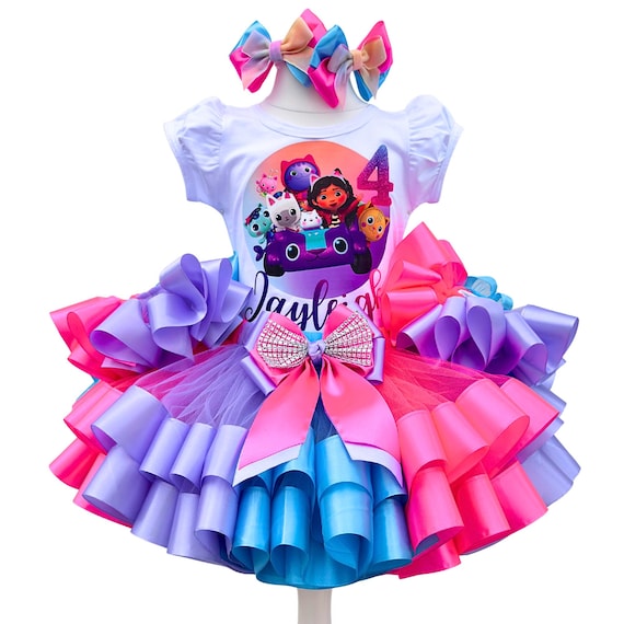 Gabby Birthday Outfit-Custom Girls 5th Dress-Personalized Dollhouse Shirt-Ribbon Trim Tutu- Custom Name Party Costume