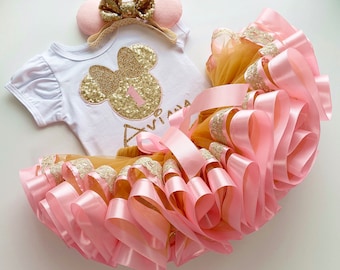 Minnie Pink and Gold Birthday Outfit-1st Girls Tutu Set