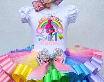 Mylticolour Trolls Birthday Outfit-Poppy Girls Tutu Set
