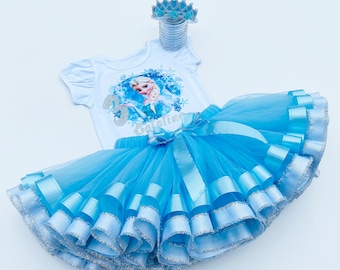 Birthday Tutu Outfit-Princess Girls Tutu Set Tutu Dress Birthday Party Tutu Costume-Blue Silver Birthday Girls Party Outfit