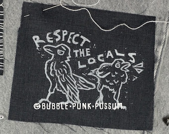 Respect The Locals Crow Patch - Linen Fabric Linocut Block Print Punk Patch