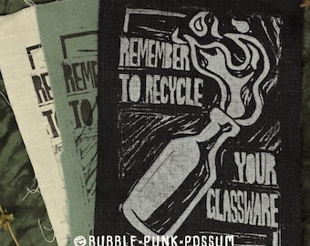 Recycle Glassware Linen Patch: Linocut Punk Art