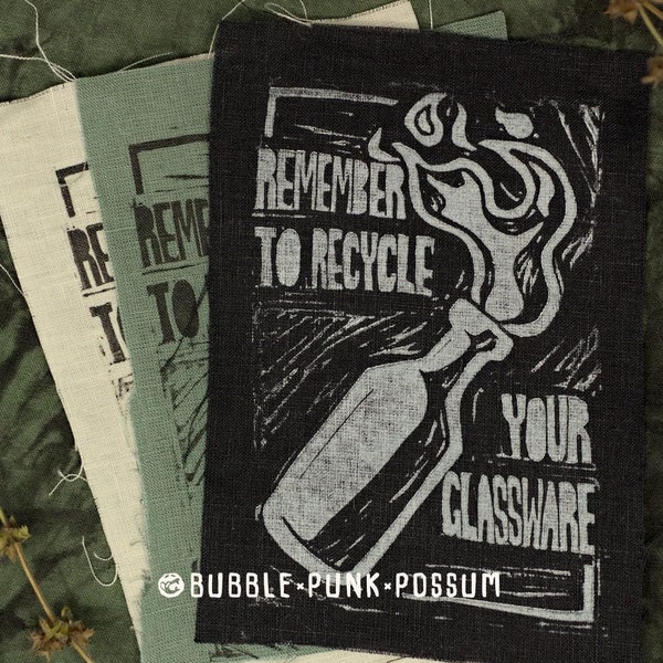 Molotov Patch: Remember to Recycle Your Glassware - Linocut Printed Linen Punk Patch