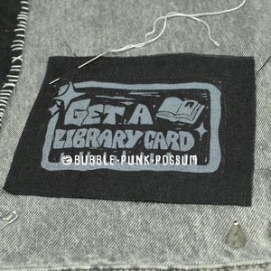 Library Card Patch: Linen Linocut Print, Punk Style