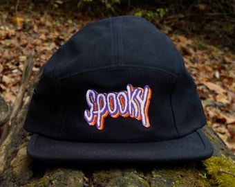 Spooky Embroidered 5 Panel Cap | Low Profile Camper Hat | Perfect for the Fall or All-Year Goth Vibes | Black Navy or Olive