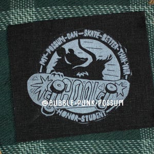 Skateboarding Possum Patch - Linen Fabric Linocut Block Print Punk Patch - My Possum Can Skate Better Than Your Honor Student