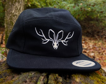 Embroidered Jackalope Five Panel Cap | Minimalist Design Camper Hat | Perfect for a Return to Nature | Black Navy Gray Khaki or Olive