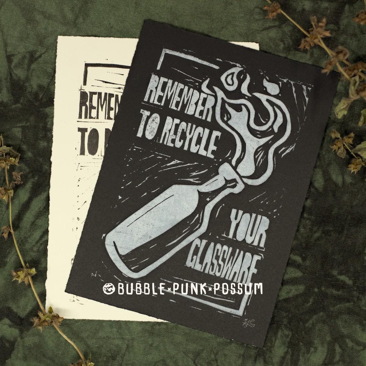 Molotov Remember To Recycle Your Glassware Print - Black and White Linocut Block Print - Anarchist Punk Antifa Art