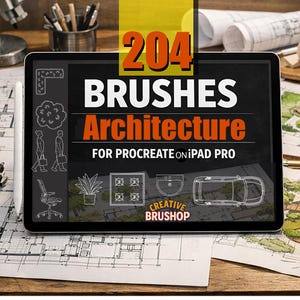 Könnte beinhalten: Ein digitales Tablet zeigt den Text "204 BRUSHES Architecture FOR PROCREATE ON IPAD PRO" in Weiß und Orange. Das Tablet zeigt architektonische Designelemente und das Creative Brushop-Logo. Das Tablet liegt auf einer Holzoberfläche.