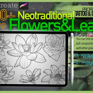 Peut inclure: Un écran de tablette numérique affichant une collection de plus de 300 illustrations de fleurs et de feuilles néo-traditionnelles à utiliser pour les tatouages et la conception graphique. Les illustrations sont en noir et blanc et sont disposées en grille. Le texte "Procreate 300+ Neotraditional Flowers & Leafs" est affiché en haut de l'image.