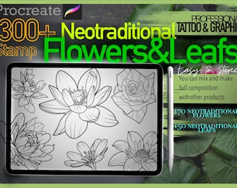 300+ Neotraditional Flowers & Leafs Botanical for procreate!! Must have for tattooers (You can make full composition)FOR PROCREATE APP.