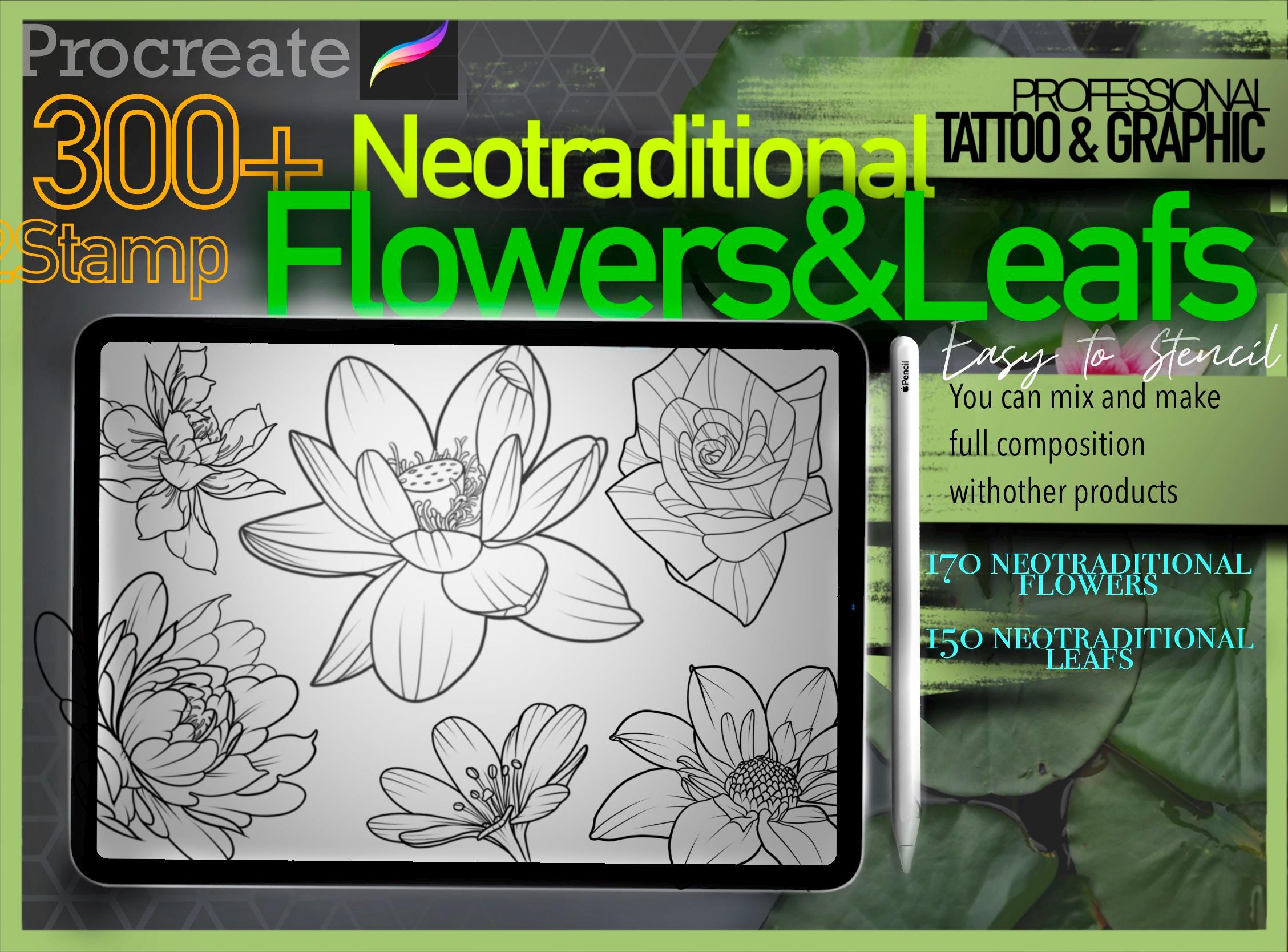300+ Sellos de Procreate de Flores y Hojas Neotradicionales | Set de Pinceles Botánicos para Tatuaje