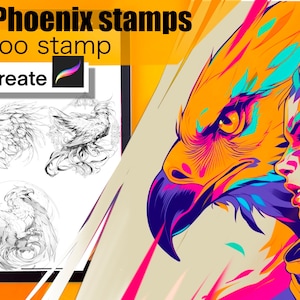 Może przedstawiać: Cyfrowa ilustracja feniksa w żywych kolorach, w tym pomarańczowym, różowym, niebieskim i fioletowym. Obrazek służy do promowania zestawu 60 stempli do tatuażu Procreate z wzorami feniksa.