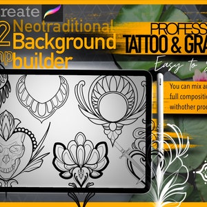 202 Neotraditional Background Builder – Procreate Stamp Set for Tattoo Artists