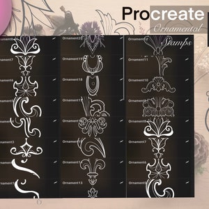 May include: A set of 20 black and white ornamental stamps for Procreate, a digital art app. The stamps feature various decorative designs, including swirls, flowers, and leaves.