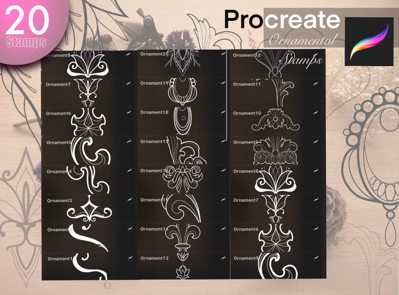 May include: A set of 20 black and white ornamental stamps for Procreate, a digital art app. The stamps feature various decorative designs, including swirls, flowers, and leaves.
