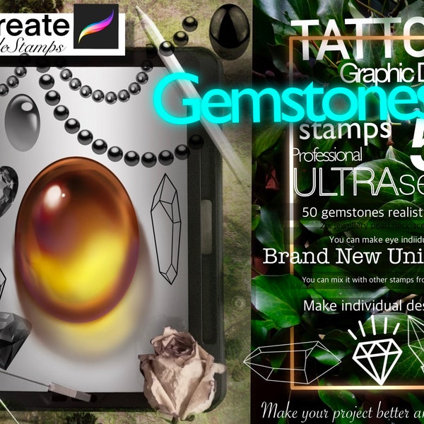 50+  Beautiful GEMstones stamps for Procreate  ULTRA Set !! Must have for tattooers +2 jewellery brushes