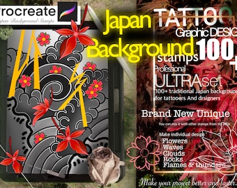 May include: A digital illustration of a Japanese wave, bamboo, and cherry blossoms. The image is on a tablet screen. The text "Japan Background 100+ Professional ULTRAset" is on the right side of the image. The text "100+ traditional Japan background for tattooers And designers" is below the text "ULTRAset". The text "Brand New Unique" is below the text "100+ traditional Japan background for tattooers And designers". The text "You can mix it with other stamps from my offer" is below the text "Brand New Unique". The text "Make individual design Flowers Waves Clouds Rocks Flames & thunders" is below the text "You can mix it with other stamps from my offer". The text "Make your project better and faster..." is below the text "Make individual design Flowers Waves Clouds Rocks Flames & thunders".