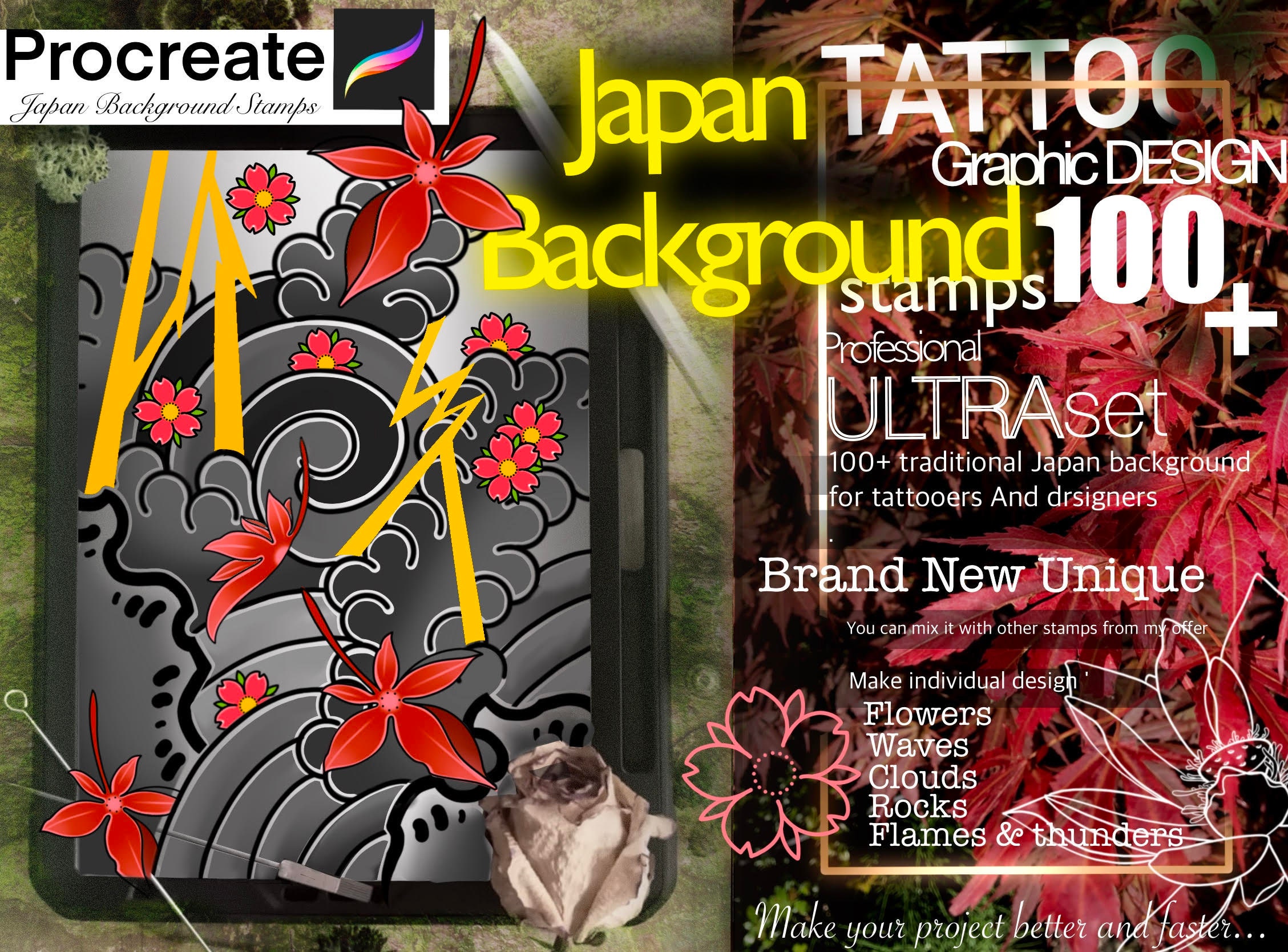 100+ Japanese Traditional Background Stamps for Procreate — Ultra Tattoo Artist Set