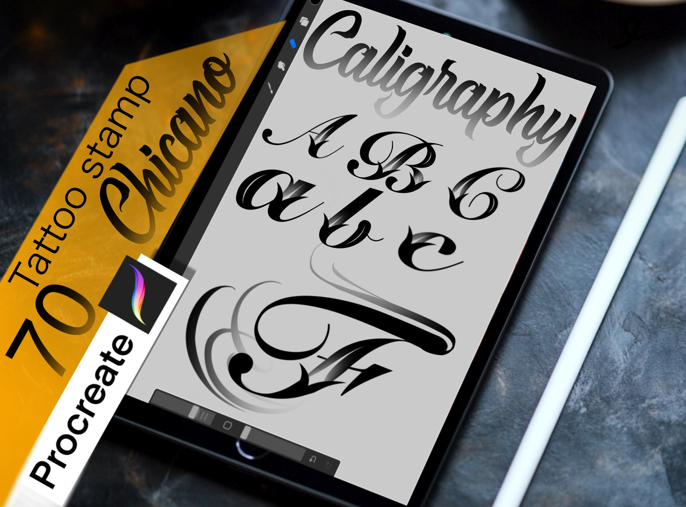 70 Chicano Calligraphy Alphabet Stamps for Procreate - A Must-Have for Tattoo Artists and Designers FOR PROCREATE APP.