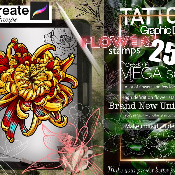 250+ MEGA Pack of Flowers stamps for Procreate BEST OF THE BEST!! Must have for tattooers (A lot of Beautiful flowers and leafs)