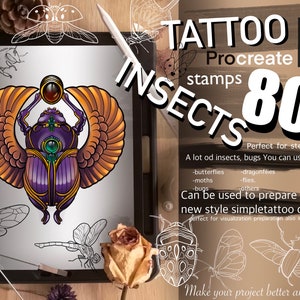 Procreate 用の 80 以上のネオトラディショナル Bugs スタンプが素晴らしい!!タトゥーを入れる人には必須のアイテムです（クールな昆虫がたくさんあります）