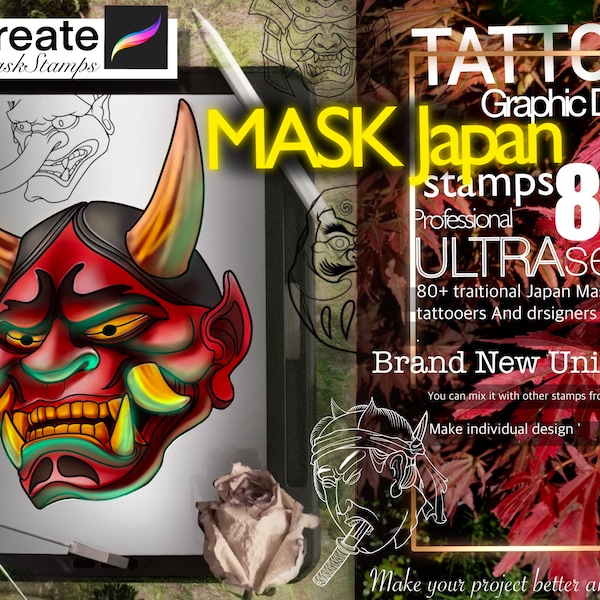 80+ MASK Japan Traditional stamps for Procreate ULTRA Set !! Must have for tattooers ( You can make full composition)