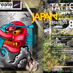 ¡¡Más de 80 sellos tradicionales de Japón para Procreate ULTRA Set!! Imprescindible para tatuadores (Puedes hacer la composición completa)