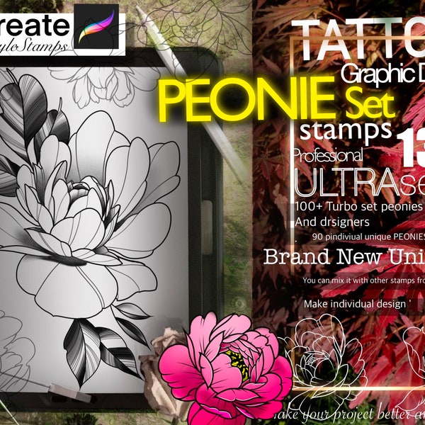 130 PEONIE stamps for Procreate THE BEST Set !! Must have for tattooers (A lot of Beautiful 90 flowers and leafs)