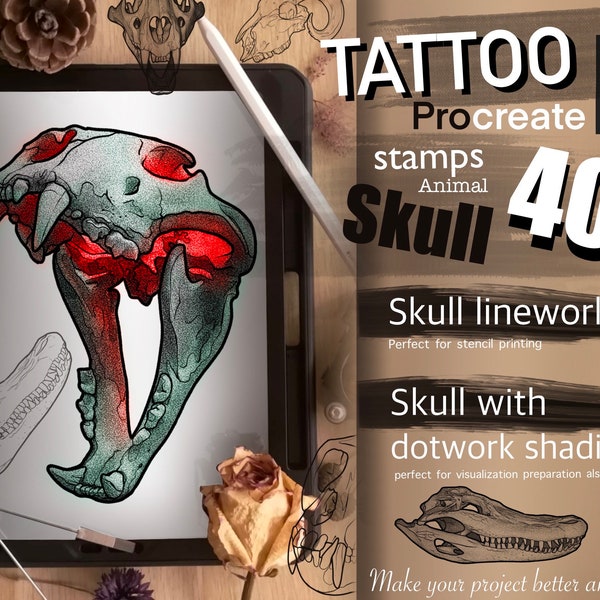 40+ Animal Skull Stamps with dotwork shading SUPER SET (21+ kind of skull)