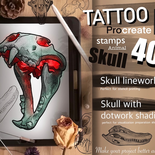 40+ Animal Skull Stamps with dotwork shading  SUPER SET (21+ kind of skull)