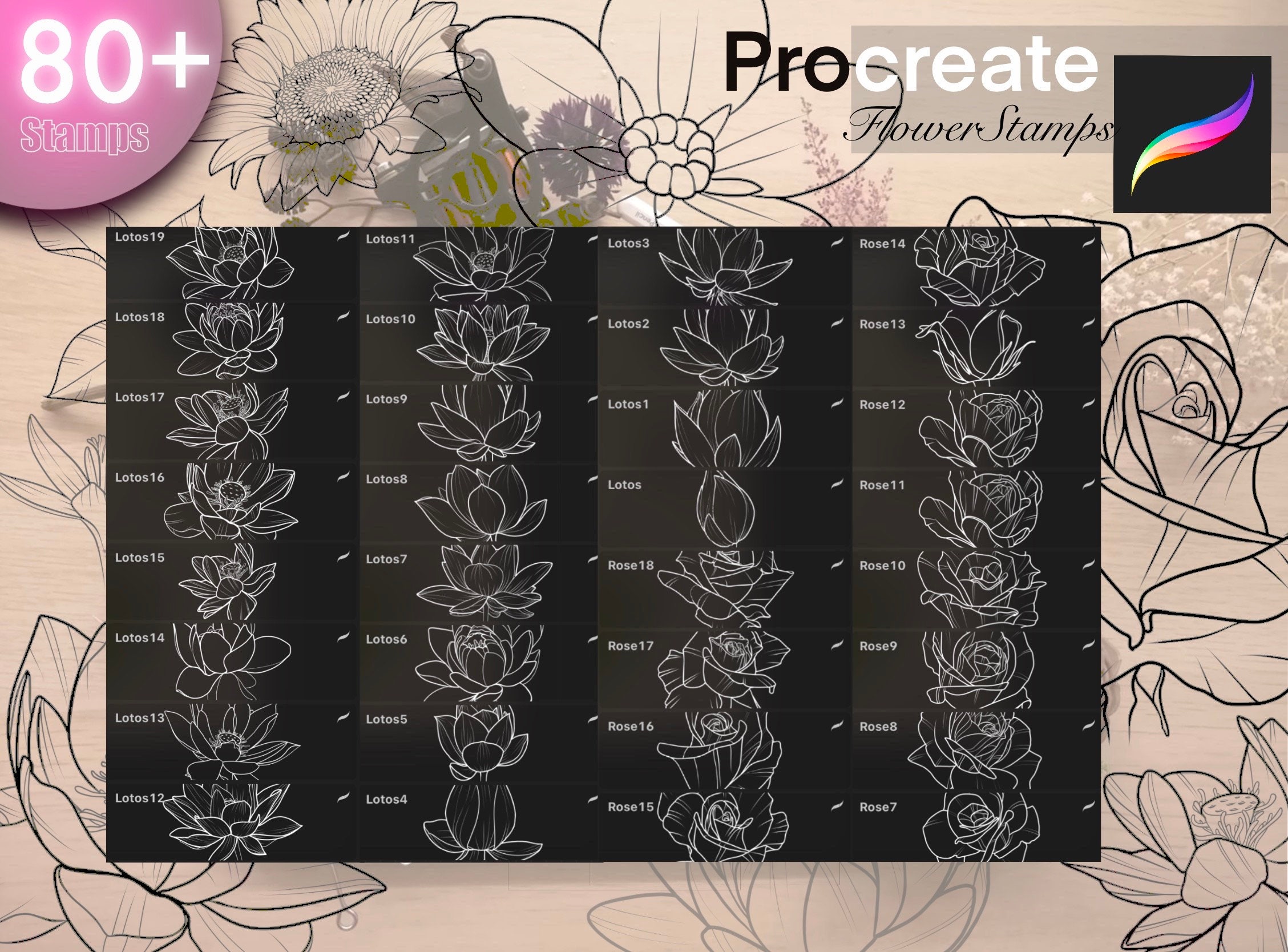 80+ Flowers Stamps for Procreate TURBO Set!! Must Have for Tattooers (A ...