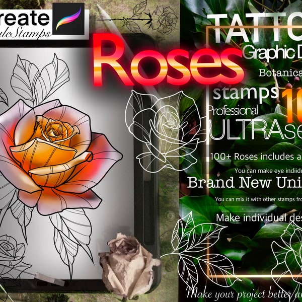 Plus de 100 timbres ROSES pour Procreate TURBO Set !! Indispensable pour les tatoueurs (beaucoup de belles fleurs et feuilles)