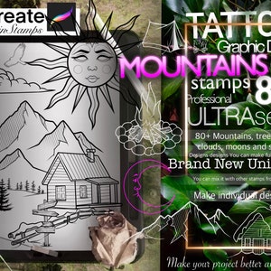 80+ Mountains Landscapes stamps for Procreate TURBO Set!! Must have for tattooers (A lot high res Mountains, clouds, sun, moon, trees..)