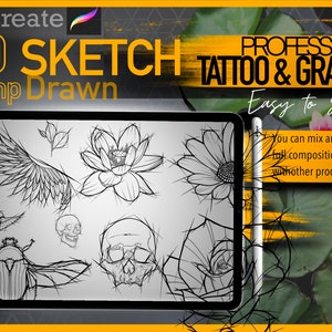 80 Sketch TATTOO vol.1 Designs ready to use stamps for Procreate ULTRA Set !! Must have for tattooers (You can make full composition)
