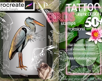 50+ Birds stamps for Procreate TURBO Set!! A must have for tattooers and designers