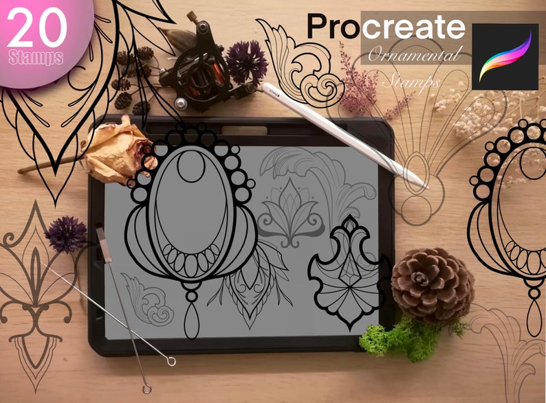 May include: A digital tablet displaying 20 Procreate ornamental stamps. The stamps are black and white and feature intricate designs. The tablet is on a wooden surface with a stylus, a tattoo machine, and other decorative items.