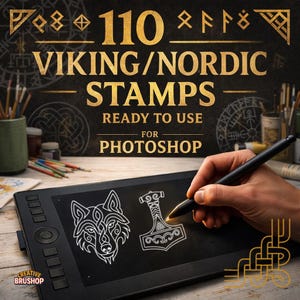 May include: A black digital drawing tablet displays two white Viking/Nordic stamp designs: a wolf head and a hammer. The text reads "110 Viking/Nordic Stamps Ready to Use for Photoshop". A hand uses a stylus to draw.