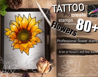 80+ Flowers stamps for Procreate TURBO Set!! Must have for tattooers (A lot of Beautiful flowers and leaves)