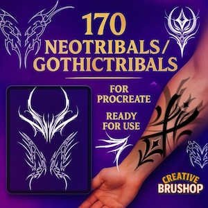 May include: Digital art product featuring 170 NeoTribals and GothicTribals designs. The image shows examples of the tattoo-style art, a tablet displaying designs, and a forearm with a tattoo. Text includes "For Procreate" and "Ready for Use."