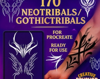 170 Neotribals \ Gothictribals Unique Design Brushset for Procreate – Hearts, Butterflies, Lightning & More