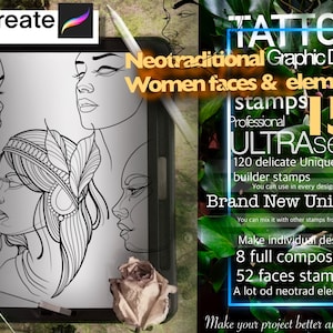 150 Neotraditional Women Face Builder – Procreate Stamp Set for Tattoo Artists