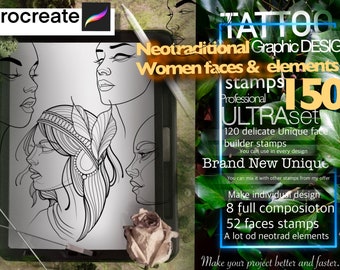 150 Neotraditional Women Face builder for procreate!! Must have for tattooers (You can make full composition)FOR PROCREATE APP.